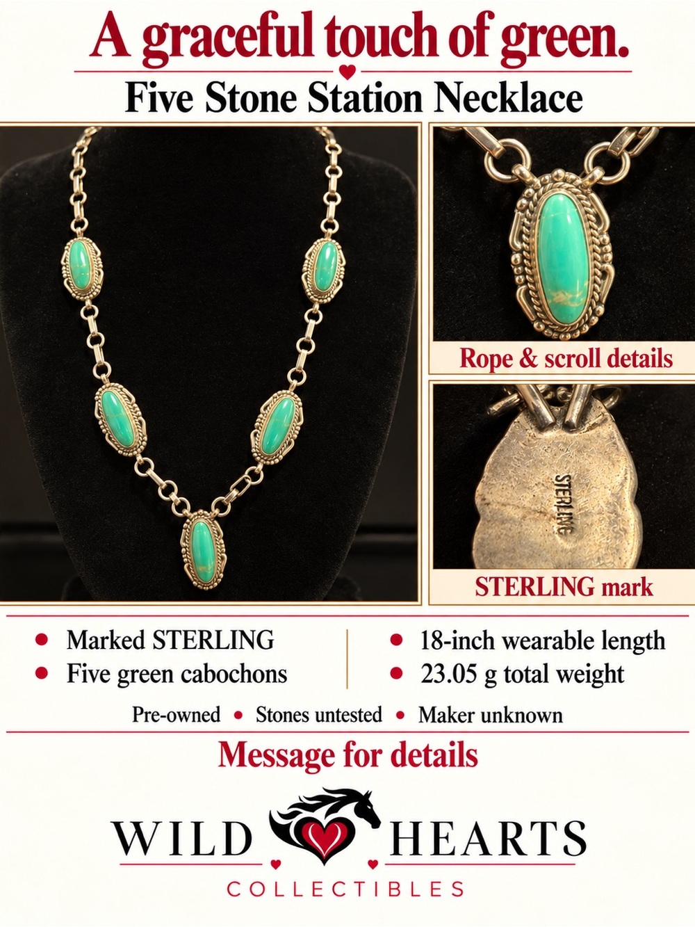 Sterling Silver Green Stone Station Necklace 18 Inch Five Oval Cabochons 23.05g